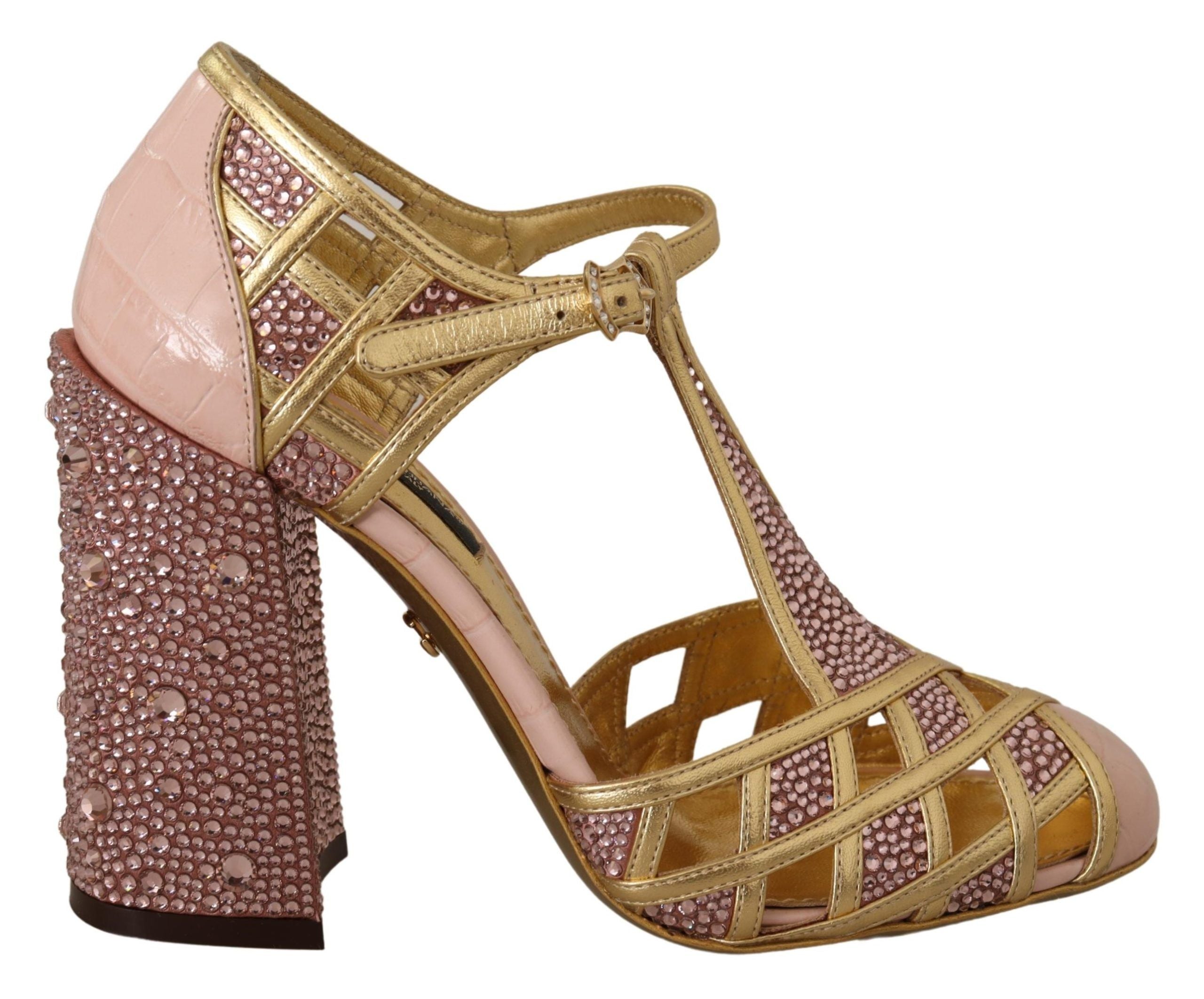 Dolce & Gabbana Pink Gold Leather Crystal Pumps T-strap Shoes Dolce & Gabbana