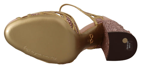 Dolce & Gabbana Pink Gold Leather Crystal Pumps T-strap Shoes Dolce & Gabbana