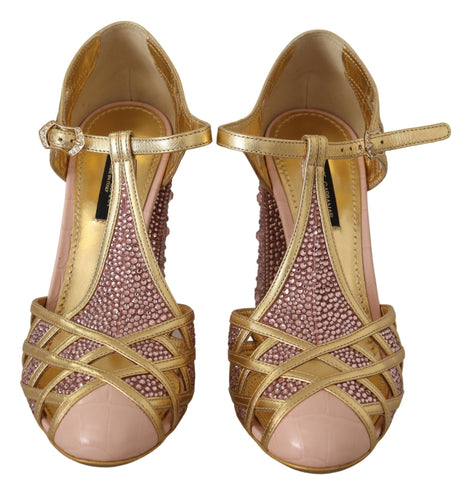 Dolce & Gabbana Pink Gold Leather Crystal Pumps T-strap Shoes Dolce & Gabbana