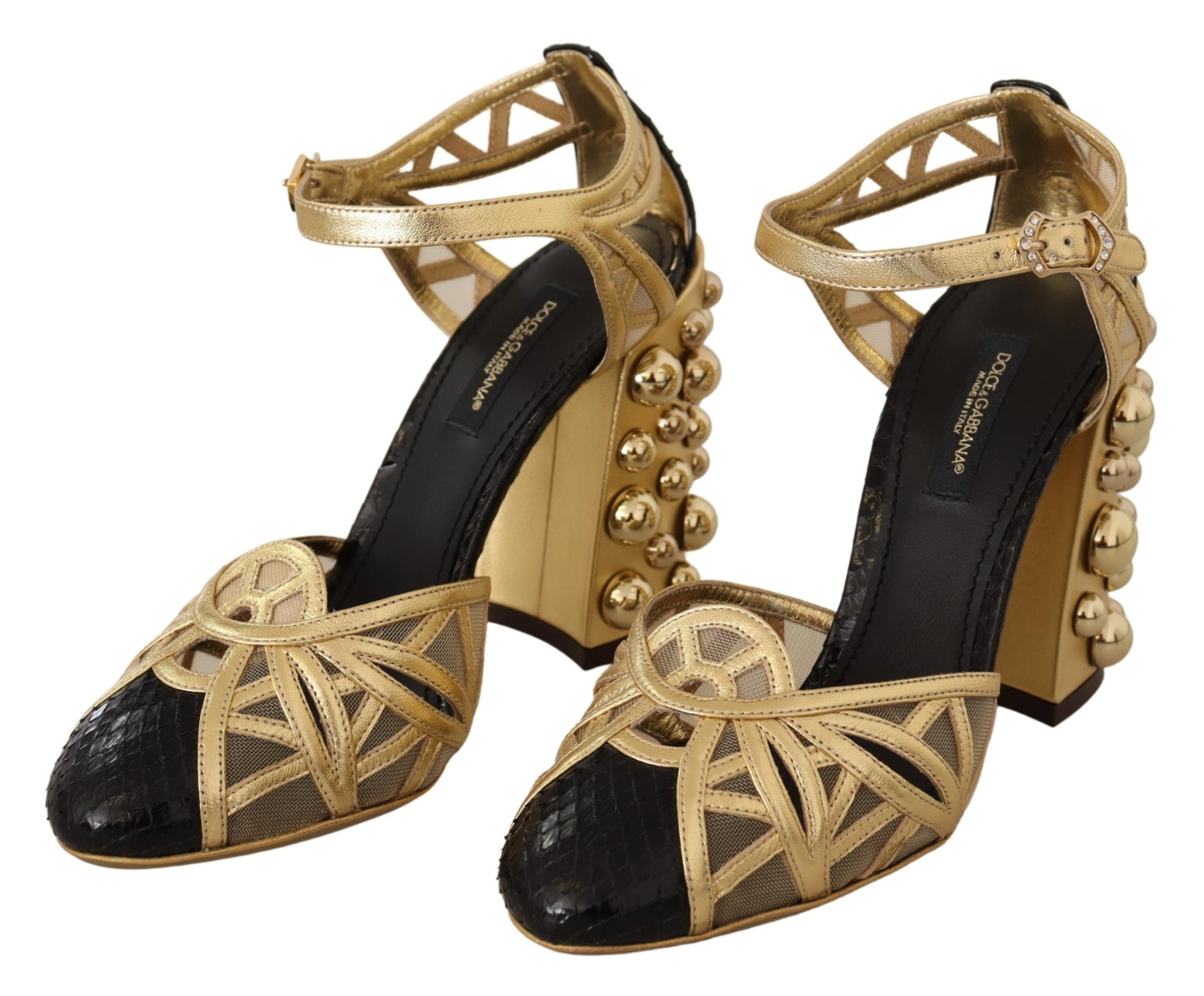 Dolce & Gabbana Black Gold Leather Studded Ankle Straps Shoes Dolce & Gabbana