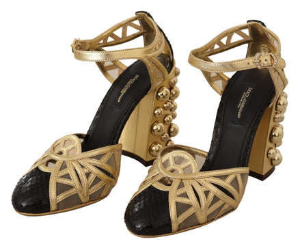 Dolce & Gabbana Black Gold Leather Studded Ankle Straps Shoes Dolce & Gabbana