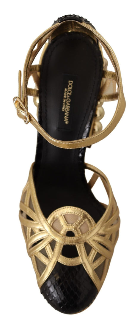 Dolce & Gabbana Black Gold Leather Studded Ankle Straps Shoes Dolce & Gabbana