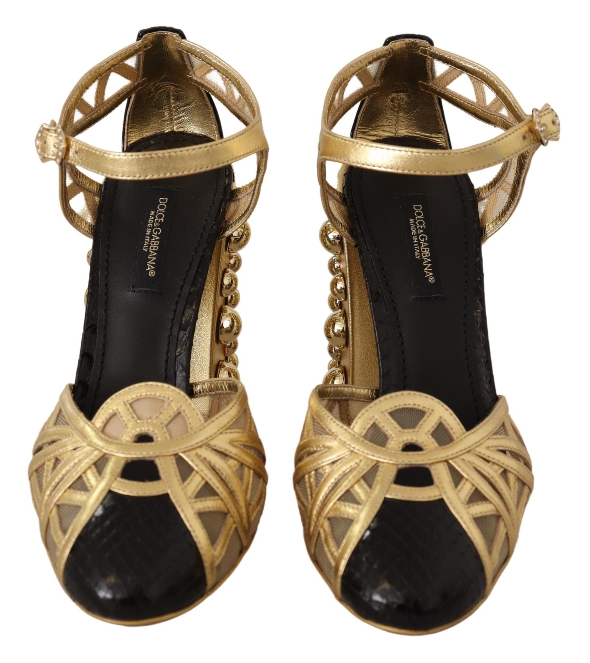 Dolce & Gabbana Black Gold Leather Studded Ankle Straps Shoes Dolce & Gabbana