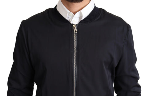 Dolce & Gabbana Blue Silk Coat Short Bomber Men Jacket Dolce & Gabbana