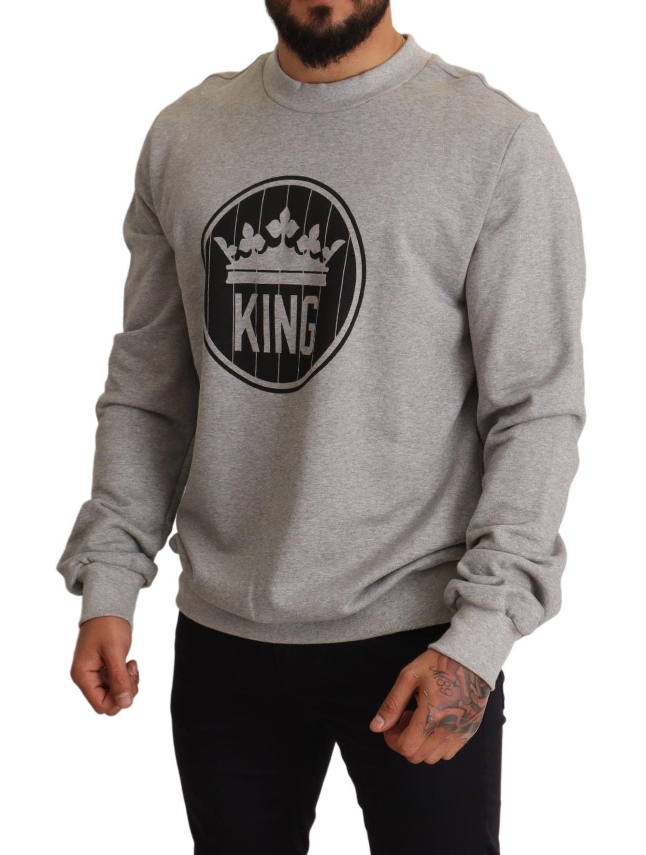 Dolce & Gabbana Gray Crown King Print Cotton Sweater Dolce & Gabbana