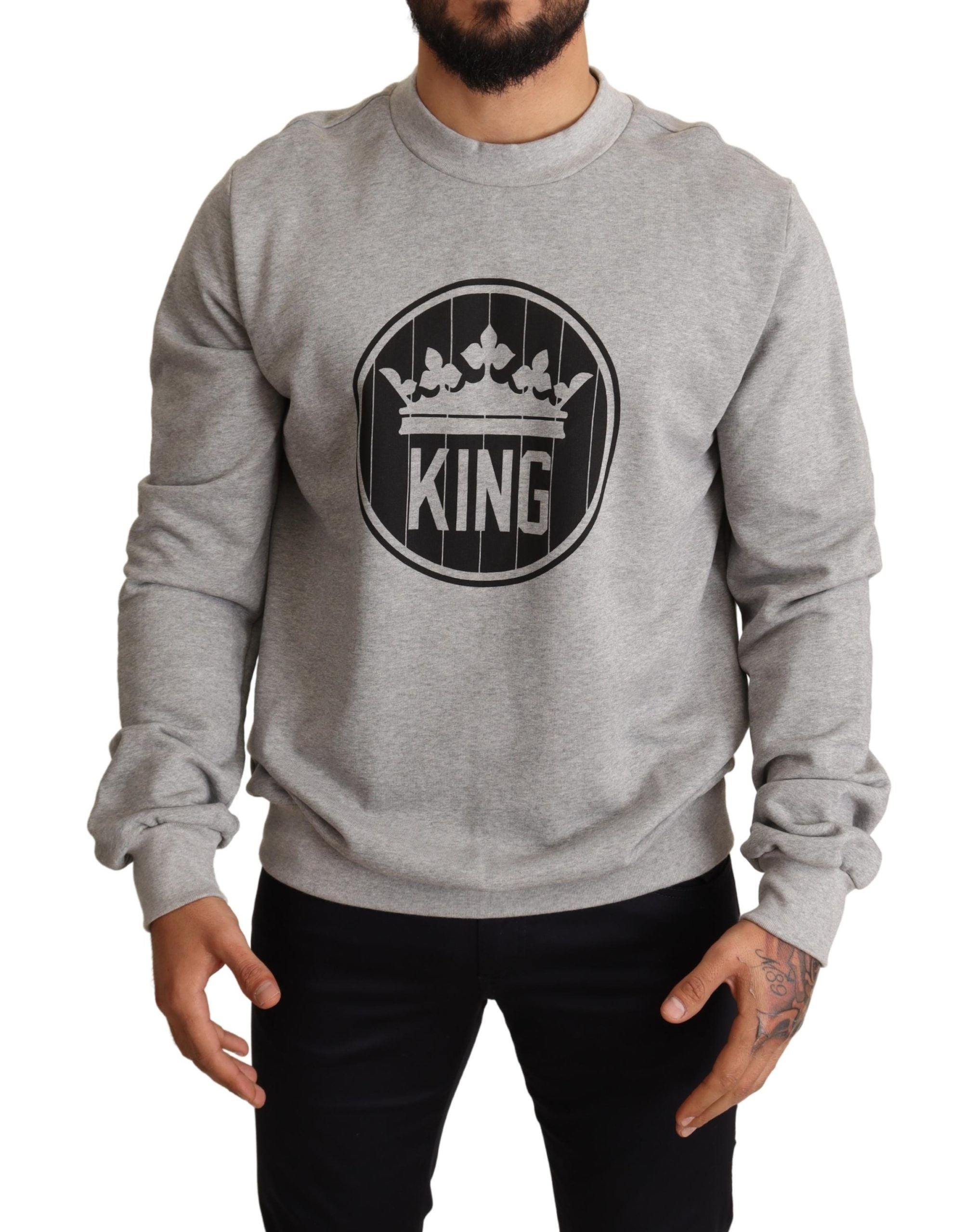 Dolce & Gabbana Gray Crown King Print Cotton Sweater Dolce & Gabbana