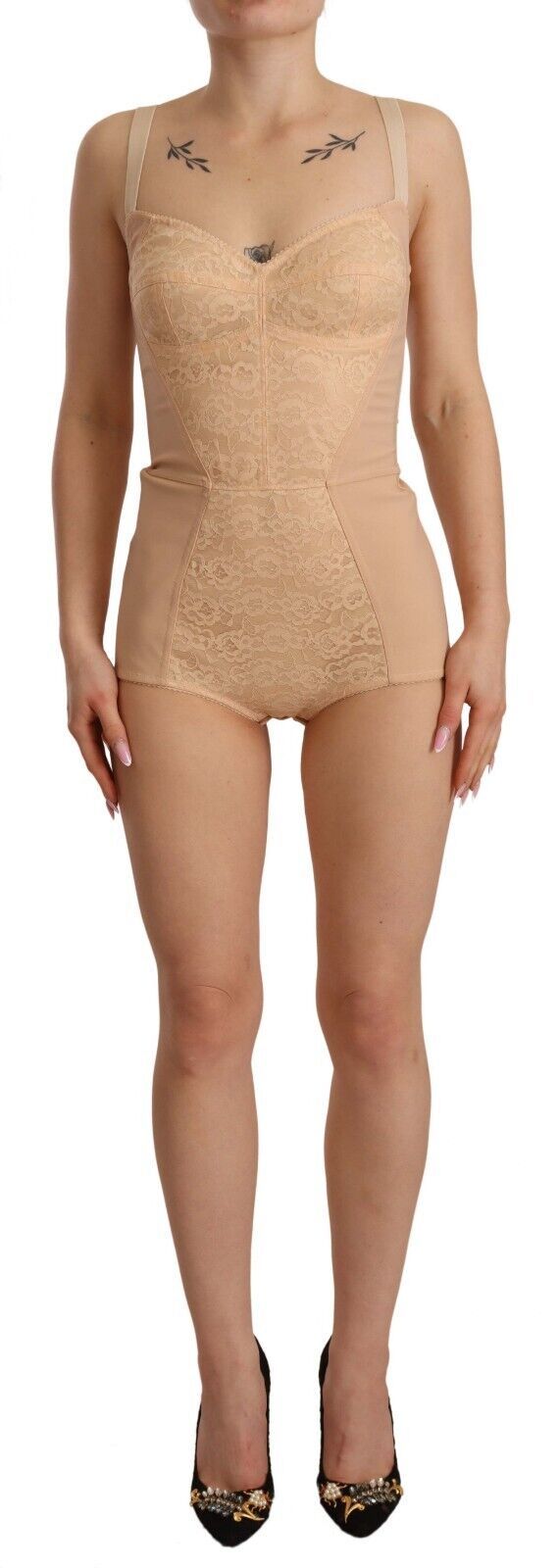 Dolce & Gabbana Beige Nylon Floral Lace Bodysuit Underwear Dolce & Gabbana