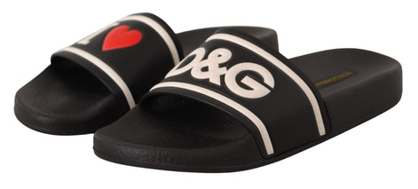 Dolce & Gabbana Black Leather I Love D&G Slides Sandals Dolce & Gabbana