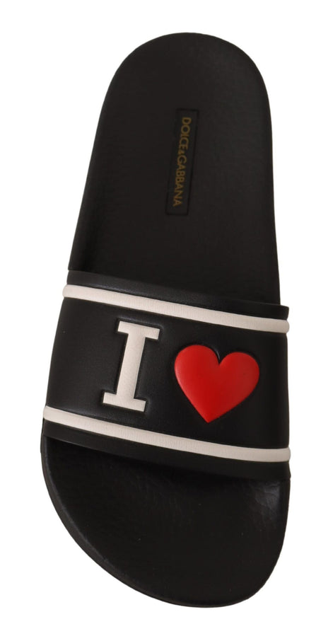 Dolce & Gabbana Black Leather I Love D&G Slides Sandals Dolce & Gabbana
