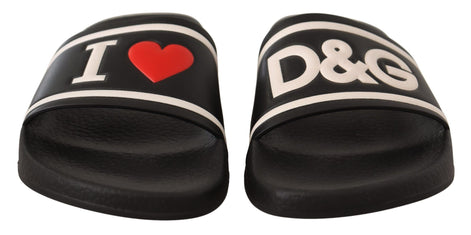 Dolce & Gabbana Black Leather I Love D&G Slides Sandals Dolce & Gabbana