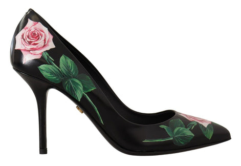 Dolce & Gabbana Black Leather Roses High Heels Pumps Shoes Dolce & Gabbana