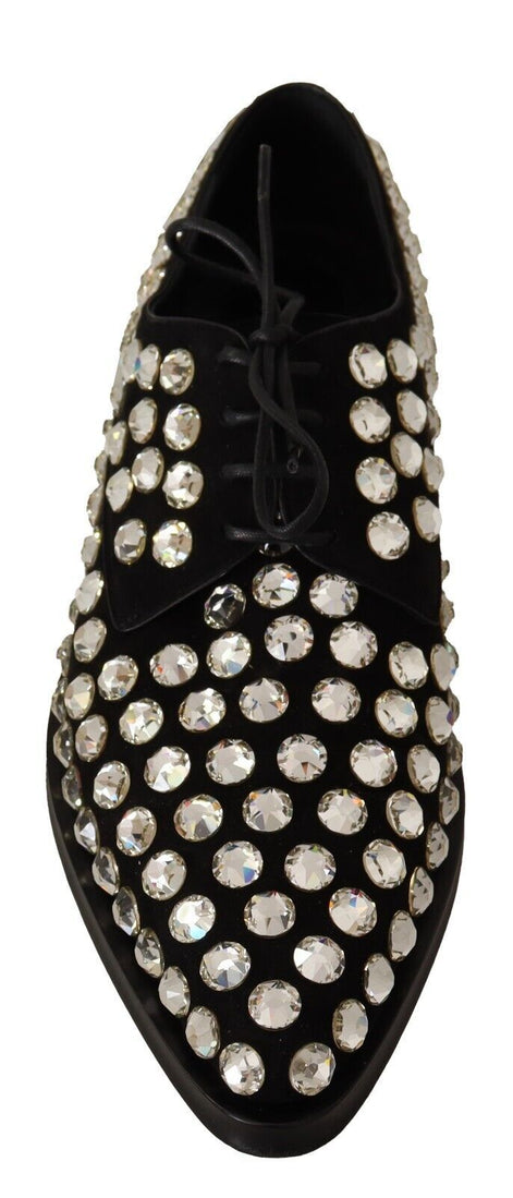 Dolce & Gabbana Black Leather Crystals Lace Up Formal Shoes Dolce & Gabbana
