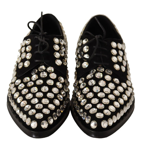 Dolce & Gabbana Black Leather Crystals Lace Up Formal Shoes Dolce & Gabbana