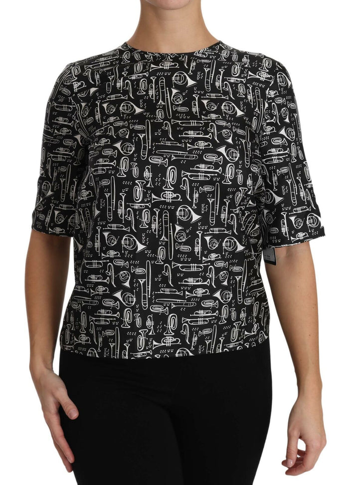 Dolce & Gabbana Black Musical Instruments Print Silk Blouse Dolce & Gabbana