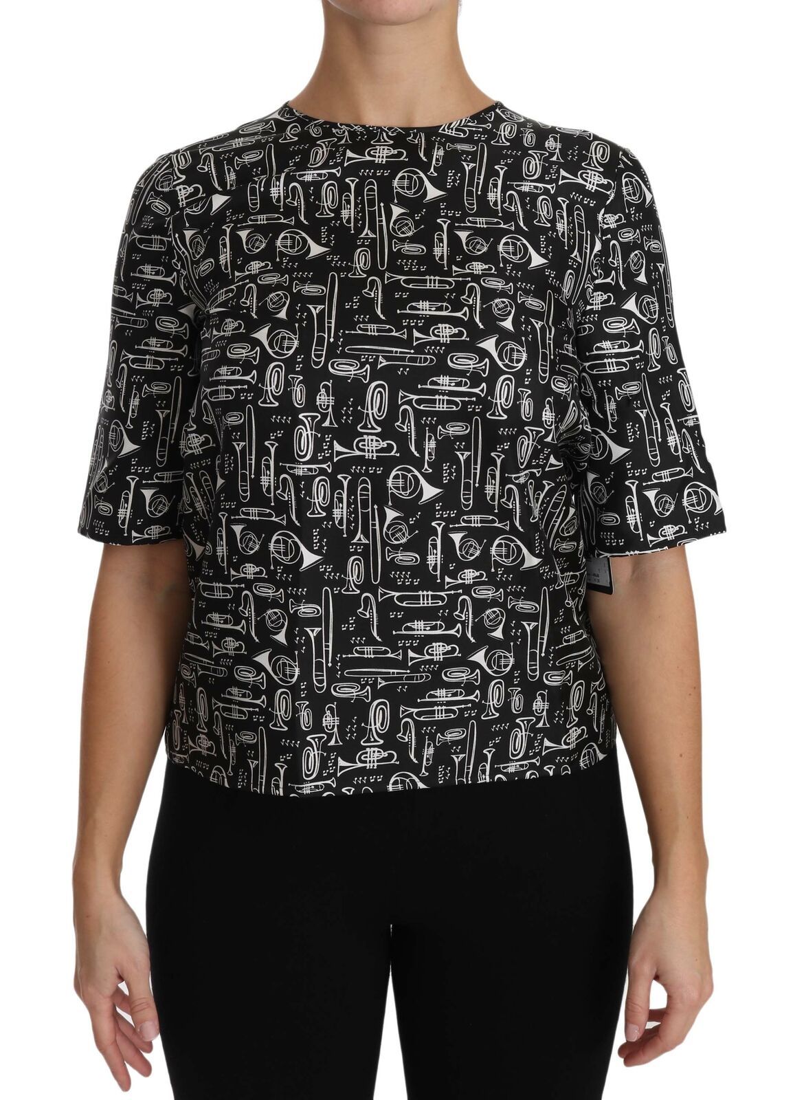 Dolce & Gabbana Black Musical Instruments Print Silk Blouse Dolce & Gabbana