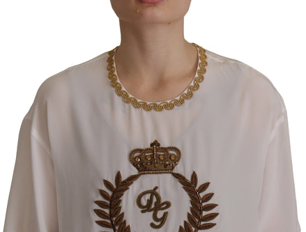 Dolce & Gabbana White Silk Gold DG Crown Crystal Blouse Top Dolce & Gabbana