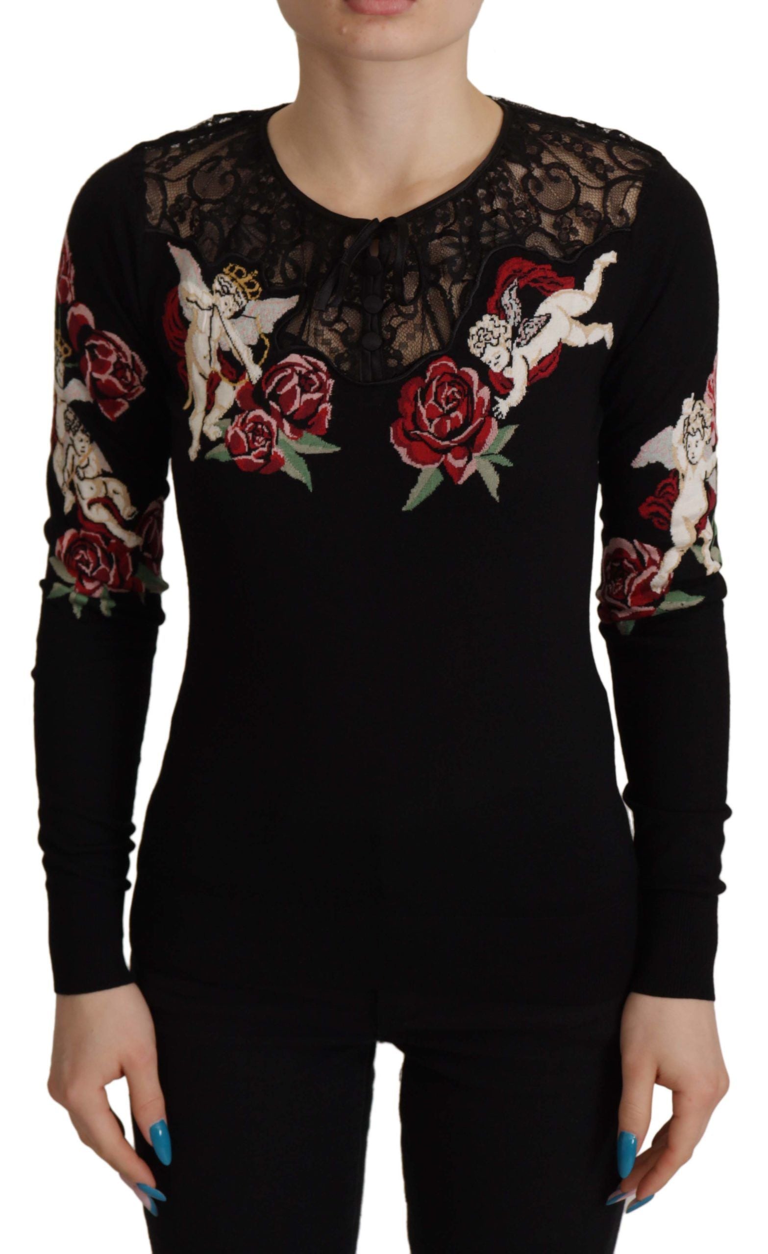 Dolce & Gabbana Black Lace Angel Roses Cardigan Sweater Dolce & Gabbana