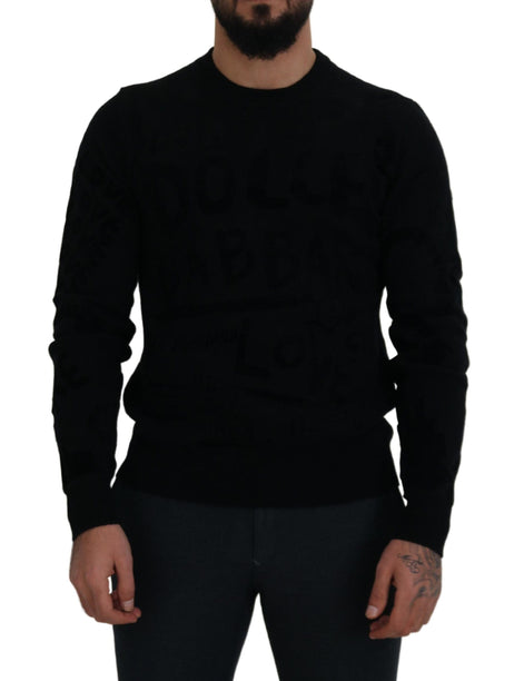 Dolce & Gabbana Black Wool Logo Pattern Crewneck Pullover Sweater Dolce & Gabbana