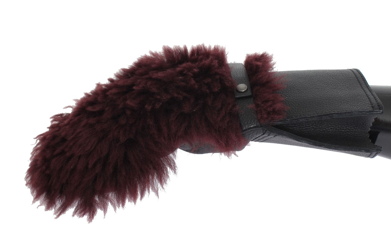 Dolce & Gabbana Black Leather Bordeaux Shearling Gloves Dolce & Gabbana