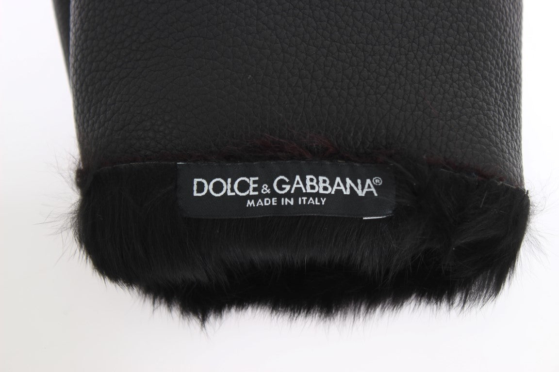 Dolce & Gabbana Black Leather Bordeaux Shearling Gloves Dolce & Gabbana