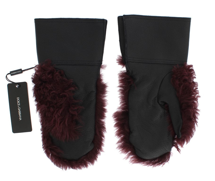 Dolce & Gabbana Black Leather Bordeaux Shearling Gloves Dolce & Gabbana