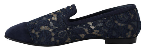 Dolce & Gabbana Blue Floral Lace Slip Ons Loafers Flats Shoes Dolce & Gabbana