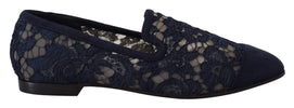 Dolce & Gabbana Blue Floral Lace Slip Ons Loafers Flats Shoes Dolce & Gabbana