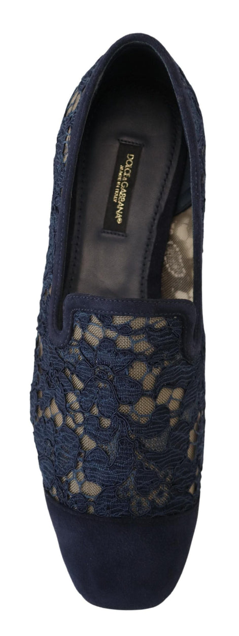 Dolce & Gabbana Blue Floral Lace Slip Ons Loafers Flats Shoes Dolce & Gabbana