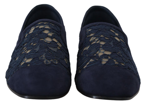 Dolce & Gabbana Blue Floral Lace Slip Ons Loafers Flats Shoes Dolce & Gabbana