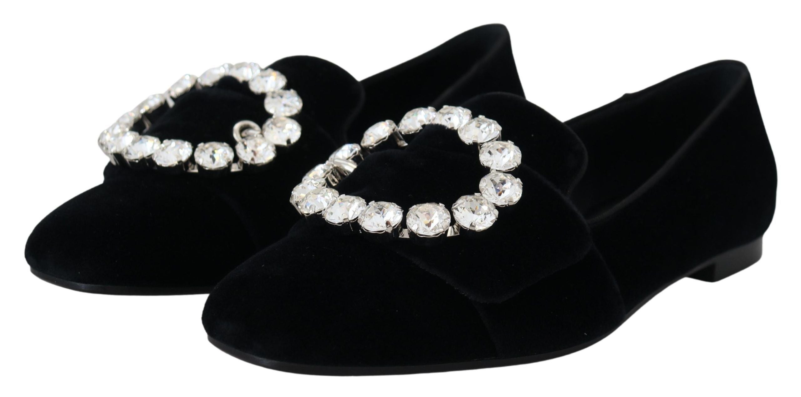 Dolce & Gabbana Black Velvet Crystals Loafers Flats Shoes Dolce & Gabbana
