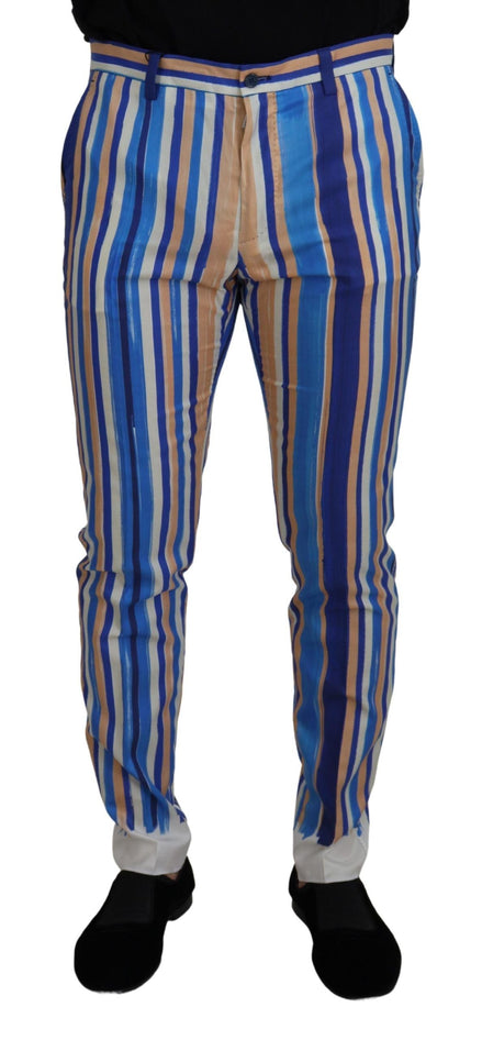 Dolce & Gabbana Blue Striped Silk Cotton Slim Trousers Pants Dolce & Gabbana