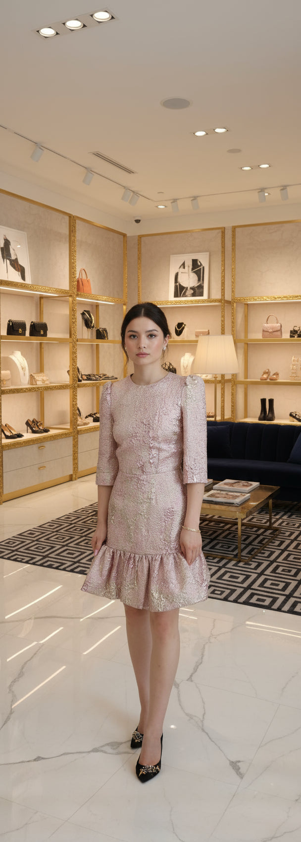 Dolce & Gabbana Pink Jaquard 3/4 Sleeve Sheath Midi Dress Dolce & Gabbana