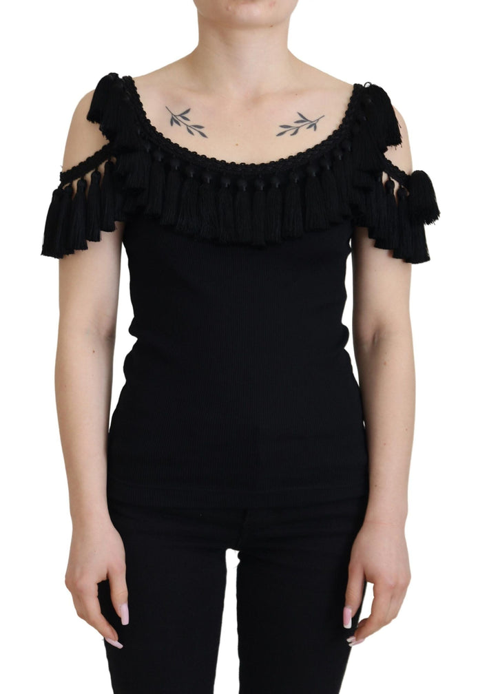 Dolce & Gabbana Black Tank Top Blouse Tassle Cotton Blouse Dolce & Gabbana