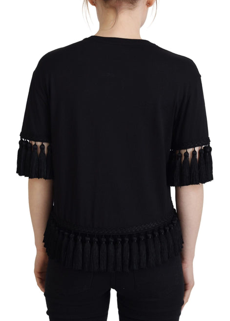 Dolce & Gabbana Black T-shirt Blouse Tassle Cotton Blouse Dolce & Gabbana