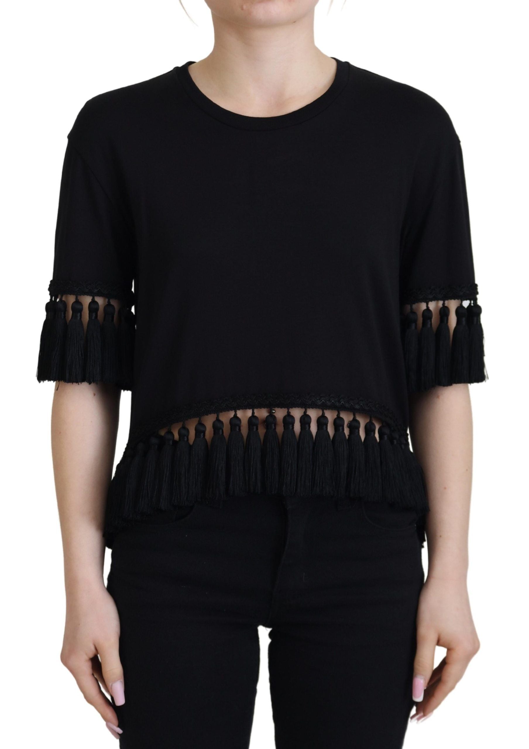Dolce & Gabbana Black T-shirt Blouse Tassle Cotton Blouse Dolce & Gabbana