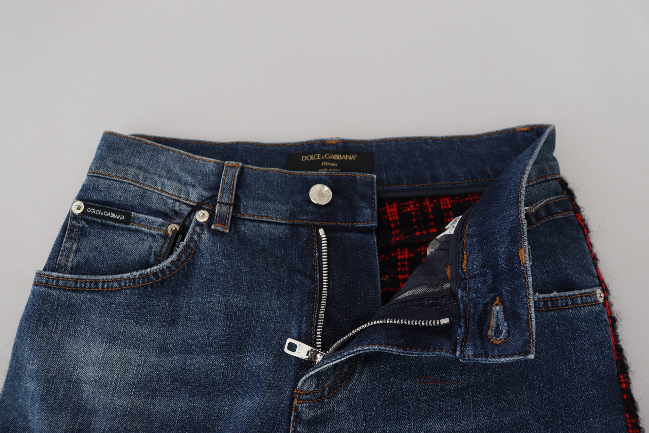 Dolce & Gabbana Blue Checkered Back Skinny Denim Jeans Dolce & Gabbana