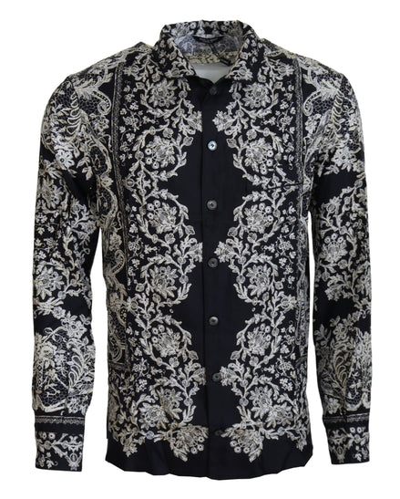 Dolce & Gabbana Blue Silk Floral Baroque Satin Casual Shirt Dolce & Gabbana