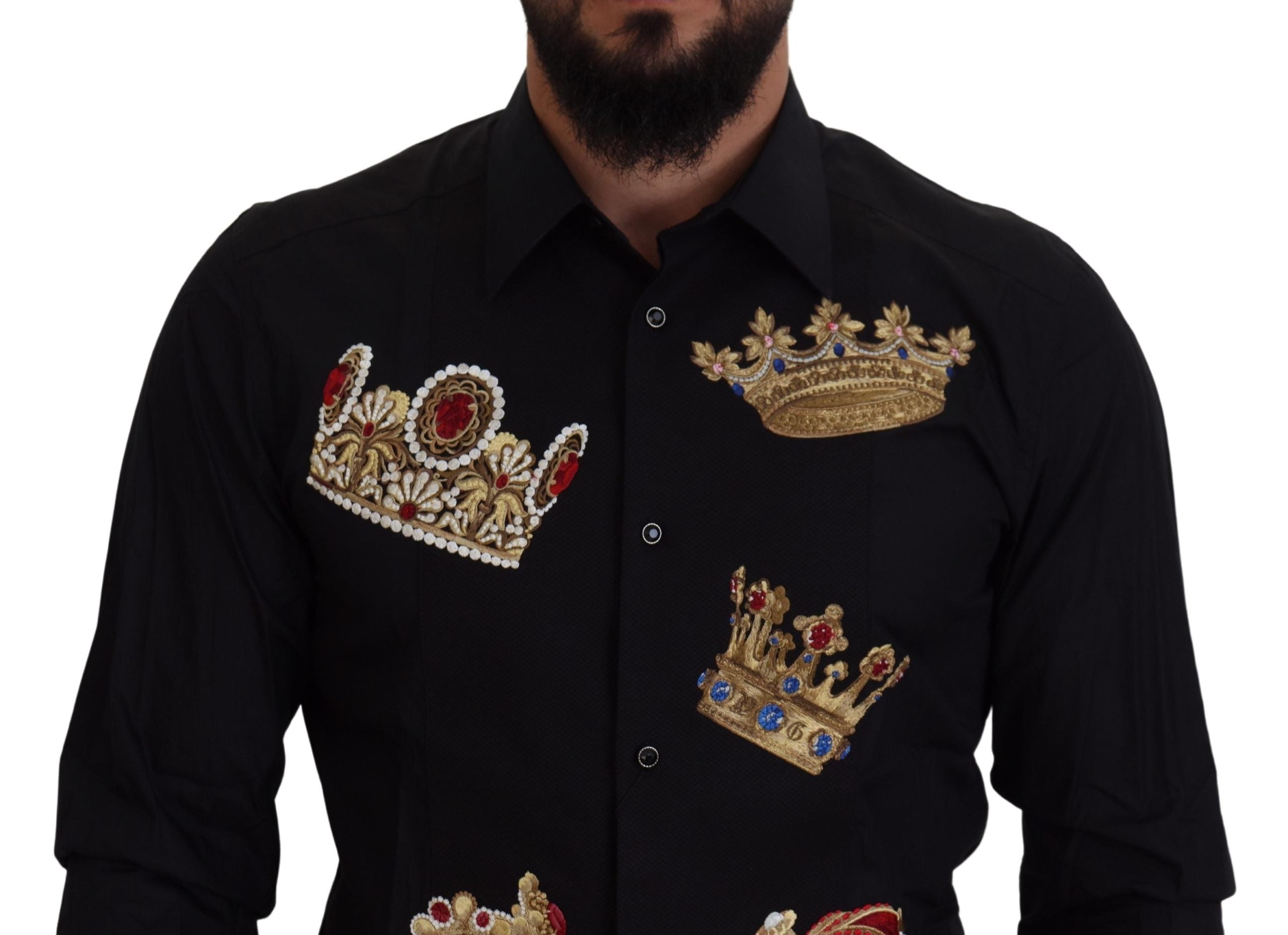 Dolce & Gabbana Black Gold Crown Slim Fit Dress Formal Shirt Dolce & Gabbana