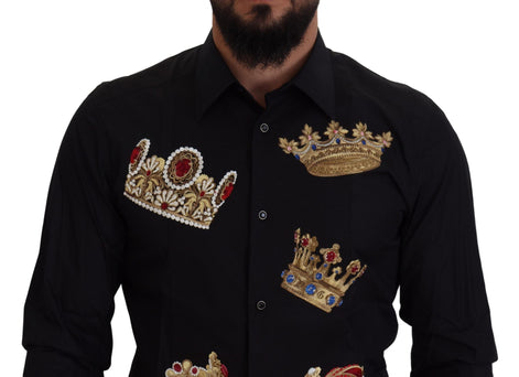 Dolce & Gabbana Black Gold Crown Slim Fit Dress Formal Shirt Dolce & Gabbana
