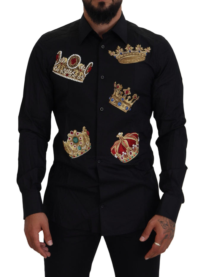 Dolce & Gabbana Black Gold Crown Slim Fit Dress Formal Shirt Dolce & Gabbana