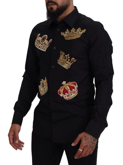 Dolce & Gabbana Black Gold Crown Slim Fit Dress Formal Shirt Dolce & Gabbana