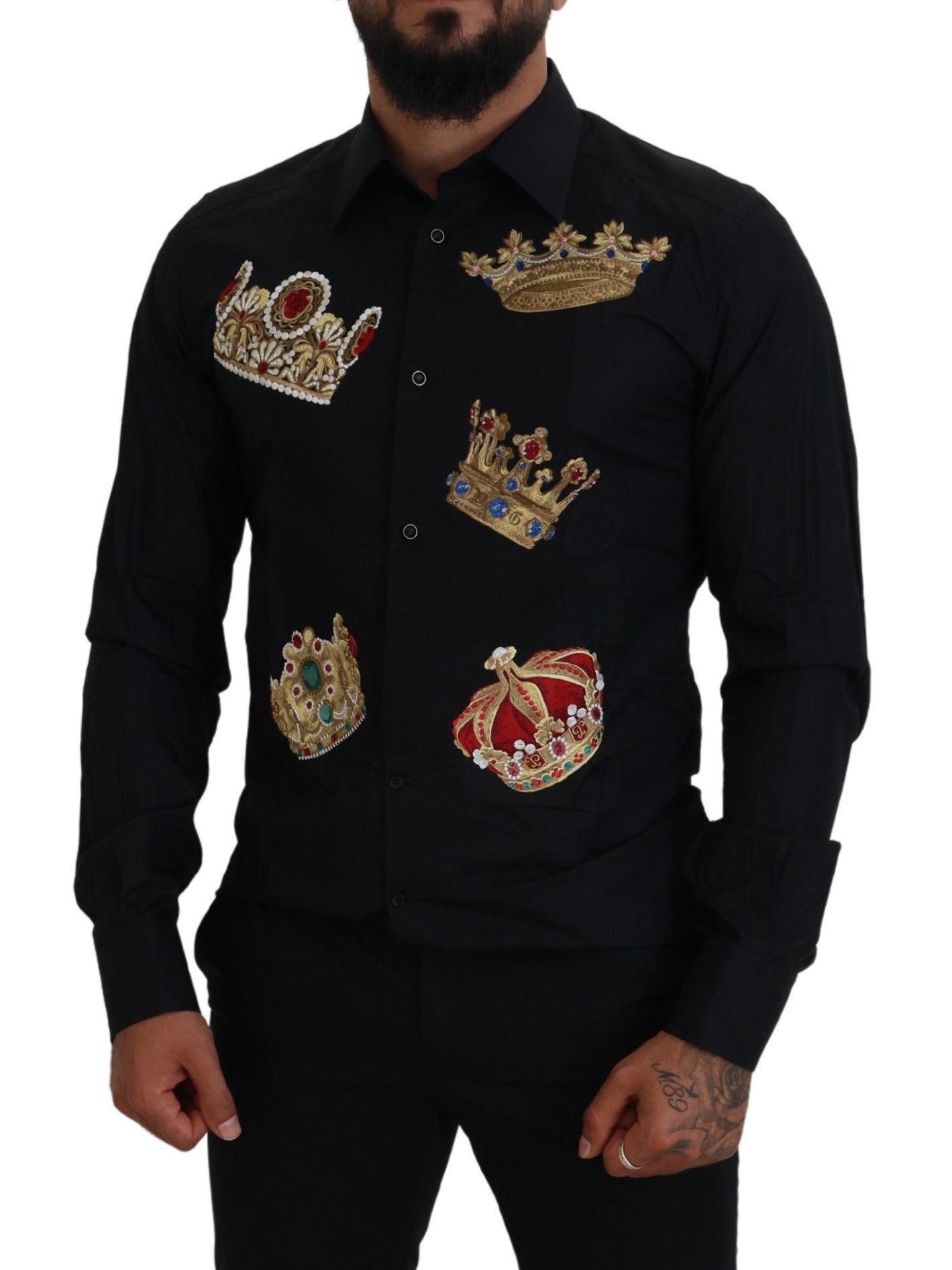Dolce & Gabbana Black Gold Crown Slim Fit Dress Formal Shirt Dolce & Gabbana