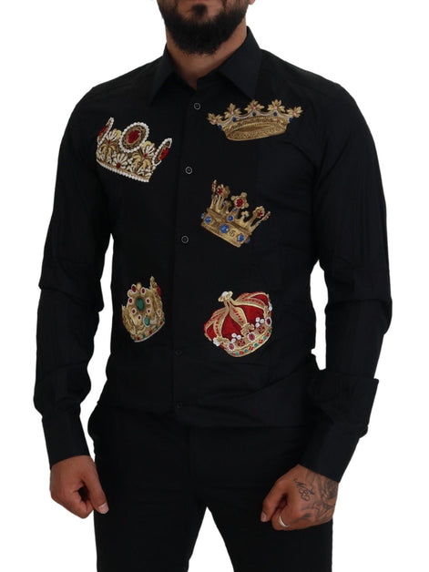 Dolce & Gabbana Black Gold Crown Slim Fit Dress Formal Shirt Dolce & Gabbana