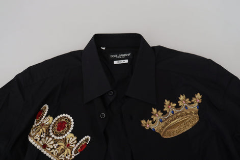 Dolce & Gabbana Black Gold Crown Slim Fit Dress Formal Shirt Dolce & Gabbana