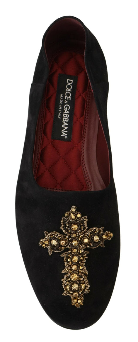 Dolce & Gabbana Black Suede Gold Cross Slip On Loafers Shoes Dolce & Gabbana