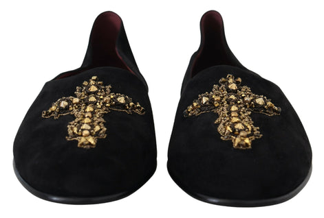 Dolce & Gabbana Black Suede Gold Cross Slip On Loafers Shoes Dolce & Gabbana