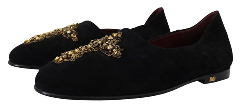 Dolce & Gabbana Black Suede Gold Cross Slip On Loafers Shoes Dolce & Gabbana