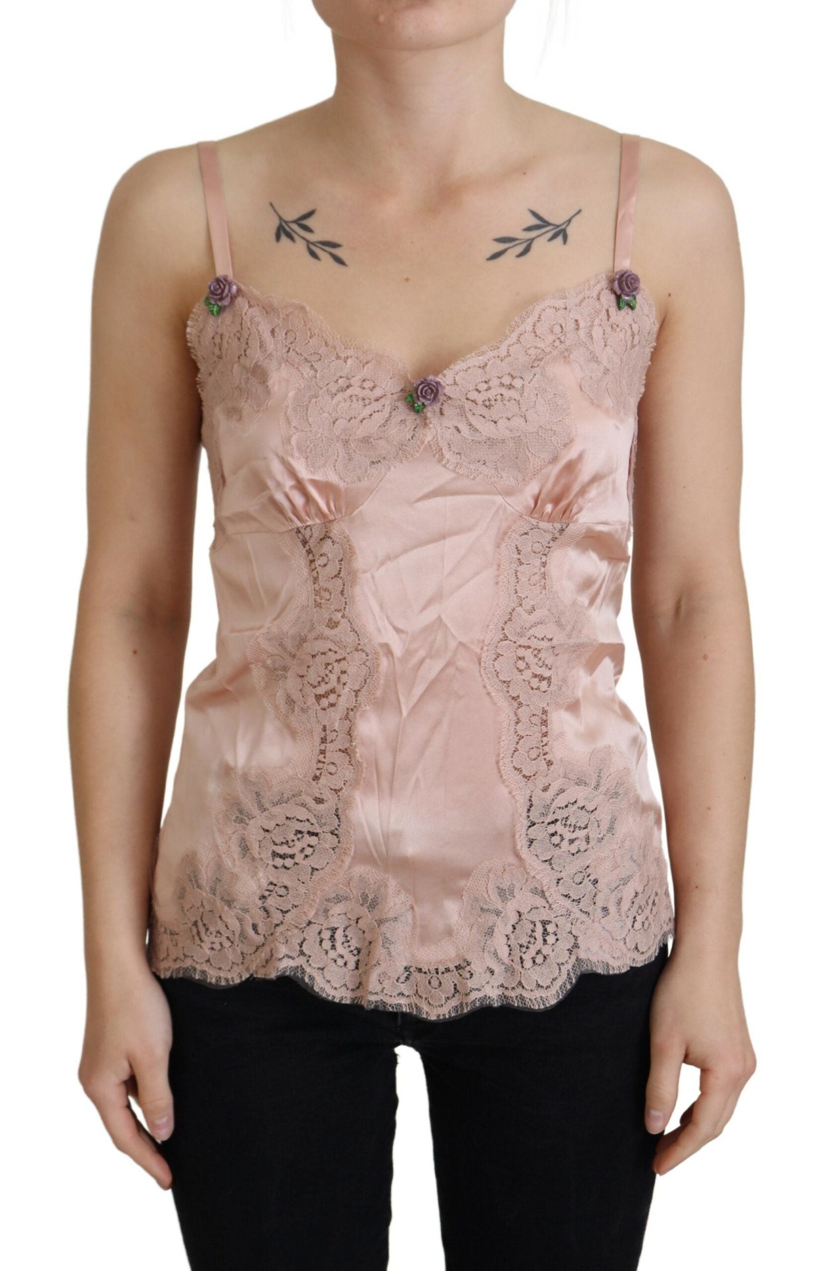 Dolce & Gabbana Pink Satin Lace Roses Tank Top Lingerie Dolce & Gabbana