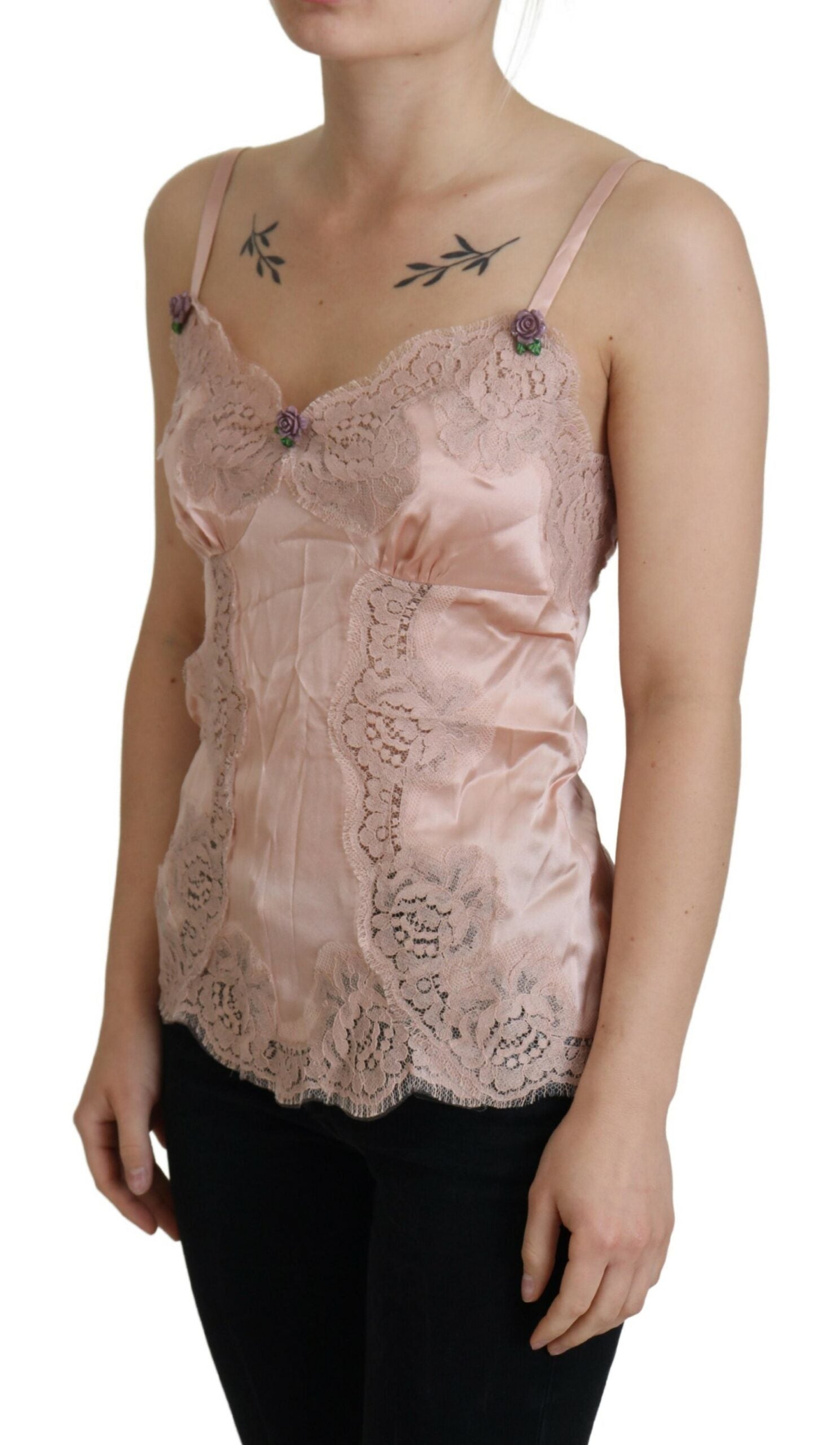 Dolce & Gabbana Pink Satin Lace Roses Tank Top Lingerie Dolce & Gabbana