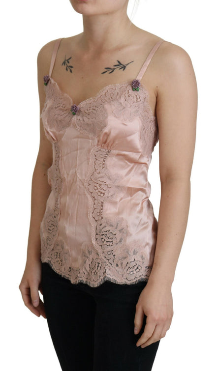 Dolce & Gabbana Pink Satin Lace Roses Tank Top Lingerie Dolce & Gabbana